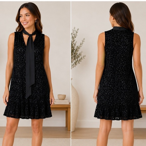 Karl Lagerfeld Paris Dresses & Skirts - Karl Lagerfeld Paris Velvet Burnout Shift Dress Sz 12 Black Tie Neck Sleeveless